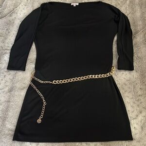 Black long sleeve dress L sleek stretch batwing LBD back seam retro chic Rũby